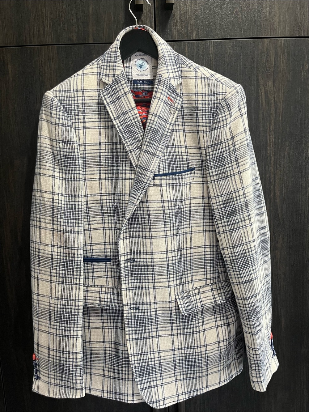 Men's Cream & Navy Plaid Sport Coat - Classic Check Blazer